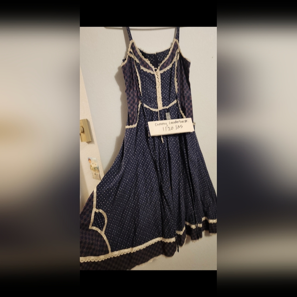 Vintage 1970s Gunne Sax Jessica Navy Dress with Cream Lace